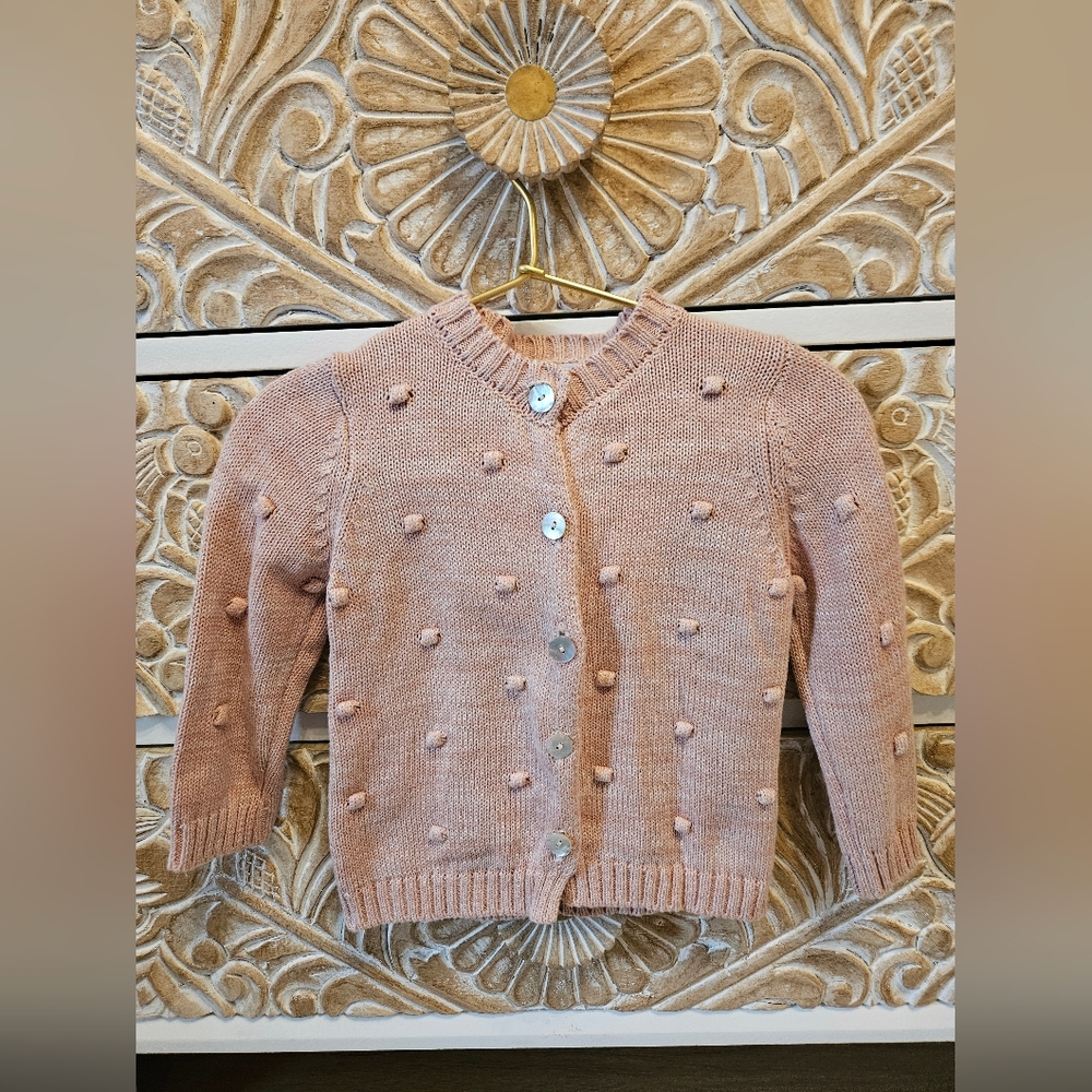 Elegant Baby Pink Knit Cardigan with Matching Beanie - Picture 2 of 5